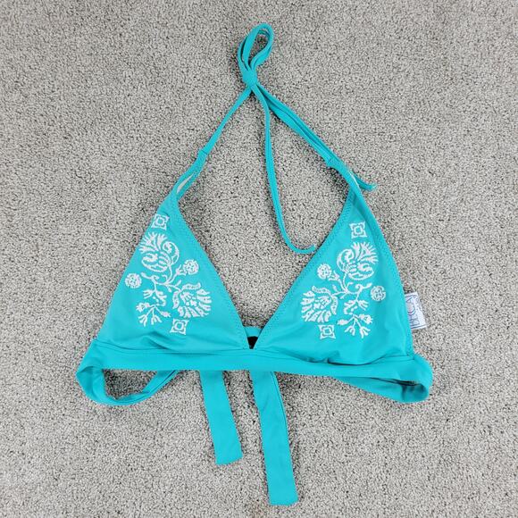 Becca Womens Bikini Large Teal Blue 2 Piece Floral Embroidered Triangle Halter - Picture 5 of 16